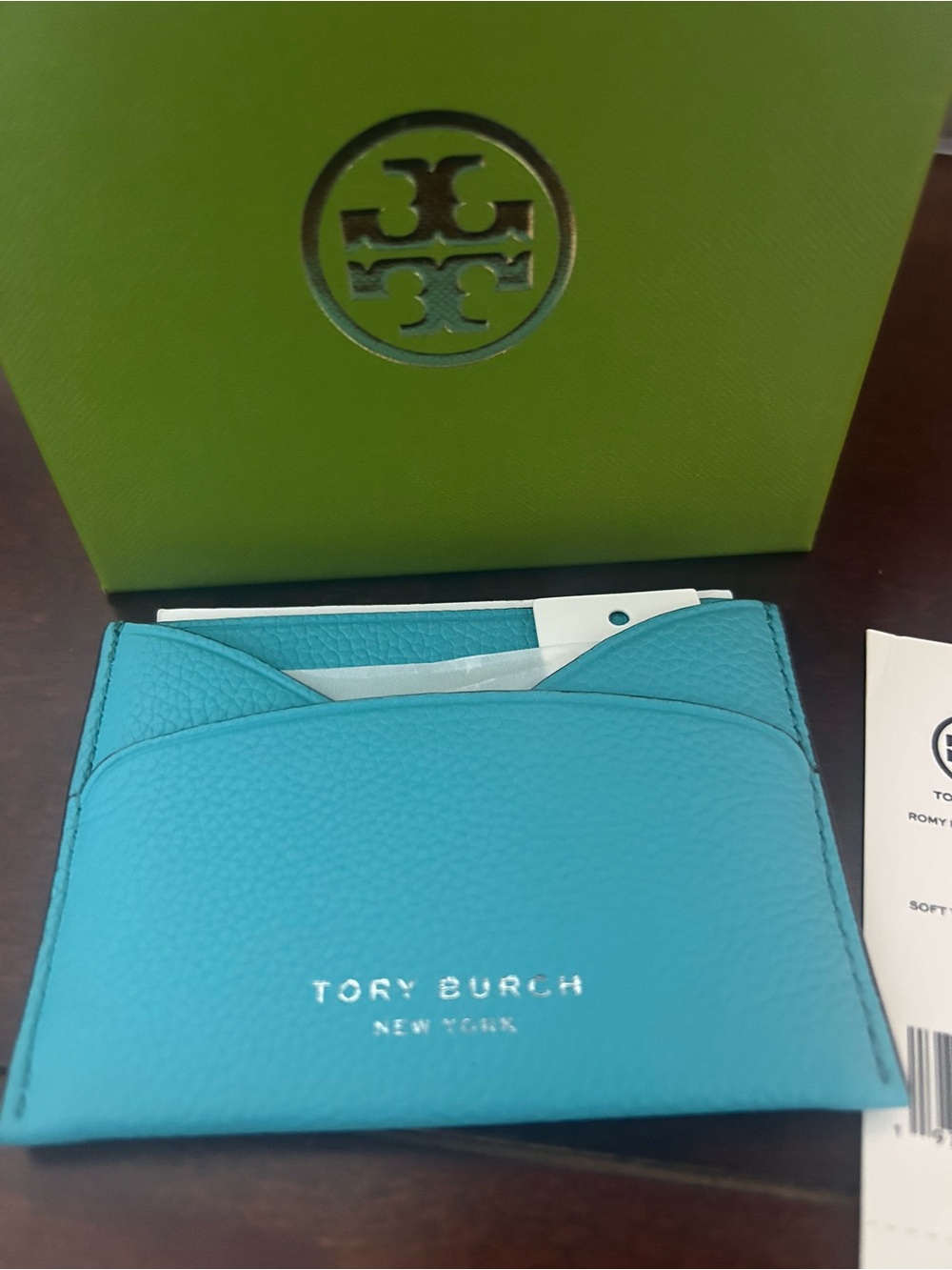 Tory Burch Novelty Flat Card Case Soft Turquoise Leather NWT Box